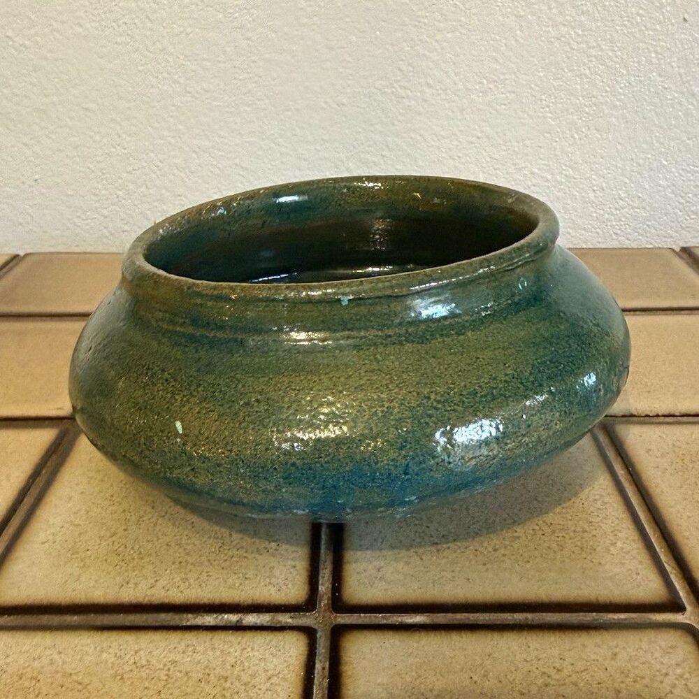 Vintage Studio Art Pottery Bowl Teal Green Glaze Hand Thrown Low Vessel Planter